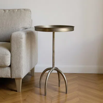 Hivvago 23" Brass Distressed Iron Round Pedestal Tray Top End Table In Gold