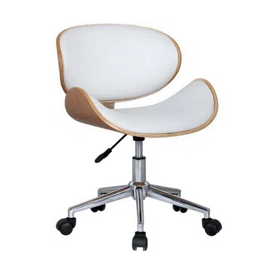 Hivvago 23 Inch Swivel Office Chair, Curved Wood Seat And Back, White Faux Leather
