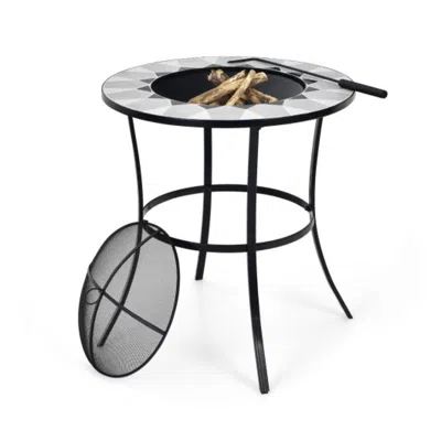 Hivvago 23.5 Inches Round Fire Pit Table With Mesh Cover And Fire Poker In Black