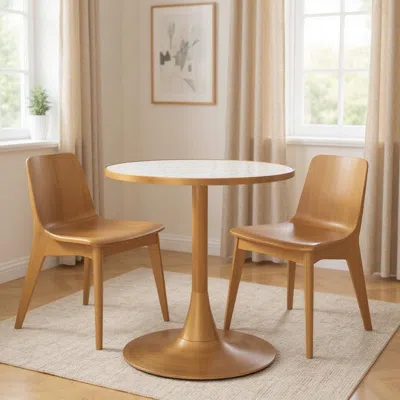 Hivvago 24" Beige And Gold Wood And Steel Pedestal Base Round Top Dining Table In Brown