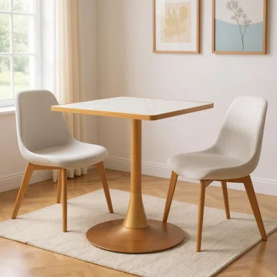 Hivvago 24" Beige And Gold Wood And Steel Pedestal Base Square Dining Table
