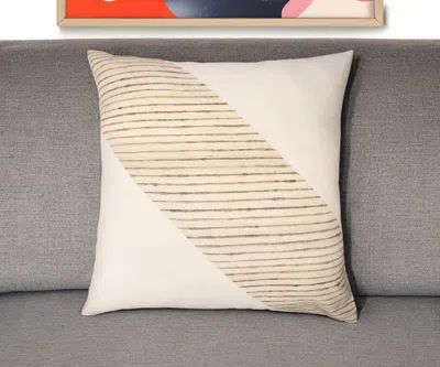 Hivvago 24" Beige And White Geometric Silk Throw Pillow With Embroidery In Neutral