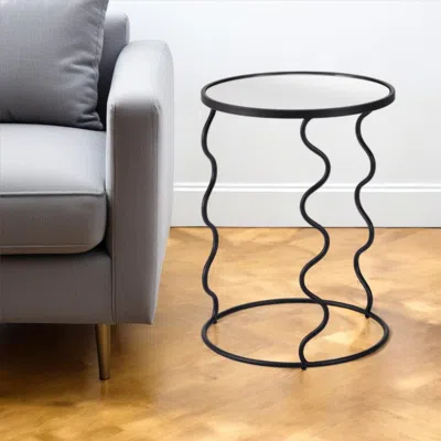 Hivvago 24" Black Mirrored Glass And Steel Round Abstract End Table In Gray
