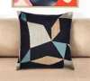 Hivvago 24" Blue And Beige Geometric Cotton Blend Throw Pillow With Embroidery In Black