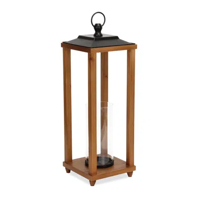 Hivvago 24" Brown And Black Geometric Metal And Solid Wood Floor Lantern Candle Holder