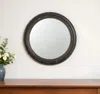 Hivvago 24" Dark Brown Distressed Wood Round Framed Accent Mirror In Black