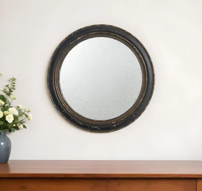 Hivvago 24" Dark Brown Distressed Wood Round Framed Accent Mirror In Black