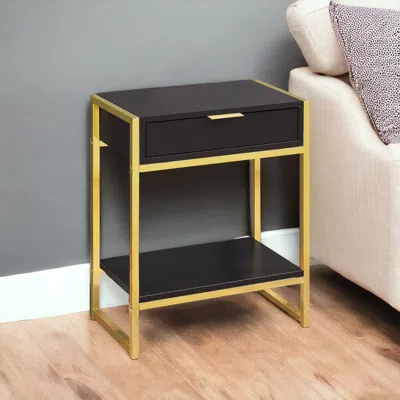 Hivvago 24" Gold And Dark Brown Wood And Metal End Table With Drawer And Shelf In Black