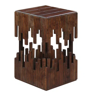 Hivvago 24 Inch Accent Side End Table, Brown Acacia Wood, Slatted Square Top, Handcrafted Abstract Silhouett