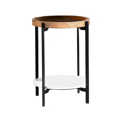 Hivvago 24 Inch Modern End Accent Table, Round Marble Shelf, Wood, White, Brown
