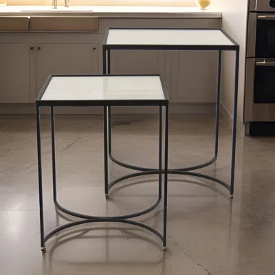 Hivvago 24 Inch Plant Stands Set Of 2, White Marble Top, Minimalist Black Frame