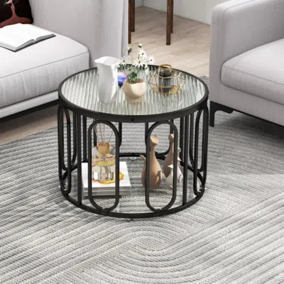 Hivvago 24 Inch Round Coffee Table With Reeded Tempered Glass Top And Oval Swivel Brackets-black