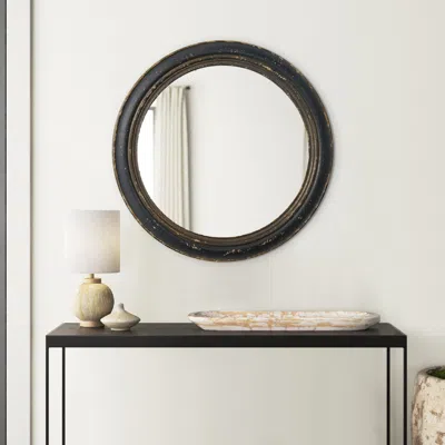 Hivvago 24 Inch Round Wall Mount Mirror, Molded Trim Wood Frame, Distressed Brown In Black