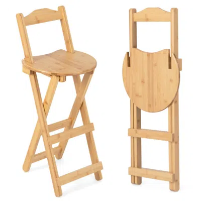 Hivvago 24 Inch Set Of 2 Bamboo Folding Barstools With Footrests And Handles-natural In Brown