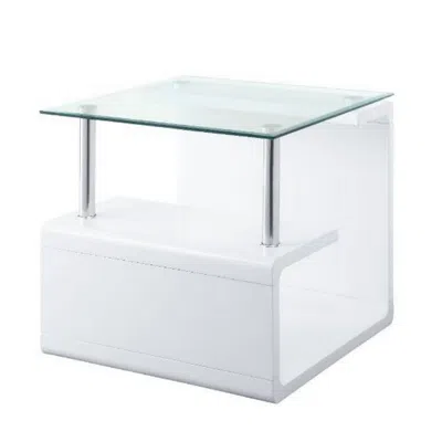 Hivvago 24 Inch Square Accent End Table, Glass Top, Open Shelf, White, Chrome