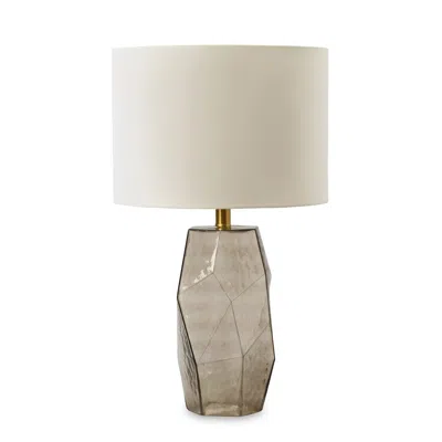 Hivvago 24 Inch Table Lamp, Hexagonal Textured Glass Base, Drum Shade, Gray In Neutral
