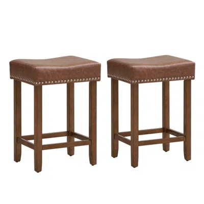 Hivvago 24 Inch Upholstered Pu Leather Bar Stools Set Of 2-brown