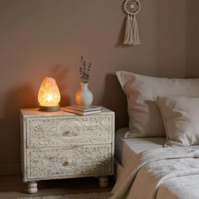 Hivvago 24" Natural And White Solid Wood Distressed Carved Scrollwork Two Drawer Nightstand In Neutral