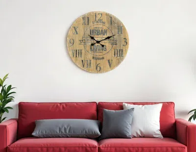 Hivvago 24" Natural Distressed Solid Wood Silent Analog Round Wall Clock In Brown