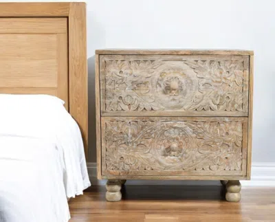 Hivvago 24" Natural Two Drawer Distressed Carved Floral Solid Wood Nightstand In Brown