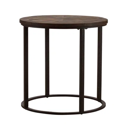 Hivvago 24" Natural Wood Solid Wood And Iron Round End Table In Brown