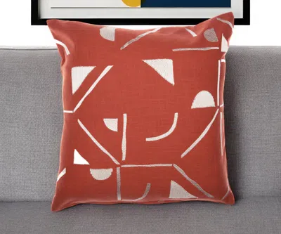 Hivvago 24" Orange And Ivory Geometric Cotton Blend Throw Pillow With Embroidery In Red