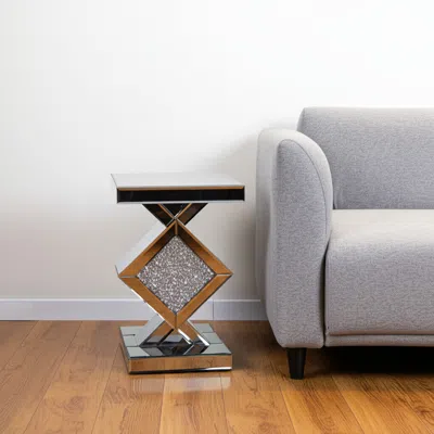 Hivvago 24" Silver Mirrored Glass And Faux Crystals End Table In Metallic