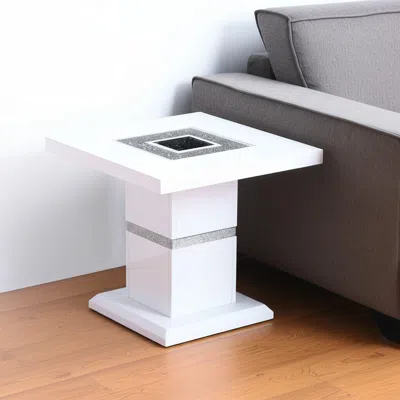 Hivvago 24" White And Silver Glass And Wood Faux Crystal Bling Square Pedestal End Table