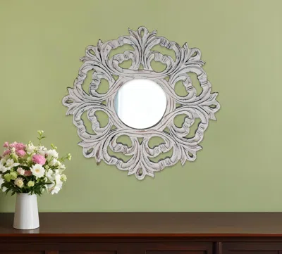 Hivvago 24" White Floral Scrollwork Distressed Round Framed Accent Mirror In Metallic
