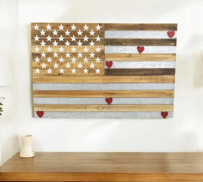 Hivvago 24" X 36" Brown And Gray Stars And Stripes Wood And Metal Hanging Dimensional Sculpture