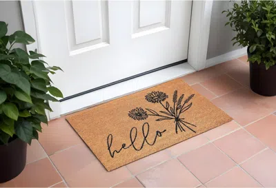 Hivvago 24" X 36" Natural And Black Coir Floral Hello Outdoor Door Mat In Brown
