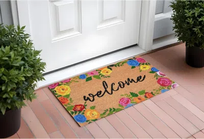 Hivvago 24" X 36" Natural And Black Coir Floral Welcome Outdoor Door Mat In Brown
