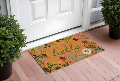 Hivvago 24" X 36" Natural And Green Coir Floral Hello Outdoor Door Mat In Brown