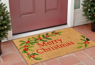 Hivvago 24" X 36" Natural Red And Green Coir Merry Christmas Outdoor Christmas Door Mat In Brown