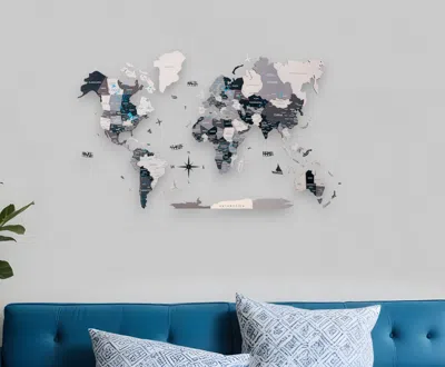 Hivvago 24" X 39" Black Gray And White Wood World Map Hanging Dimensional Sculpture