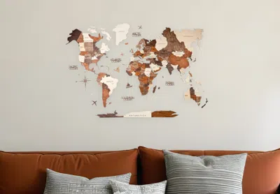 Hivvago 24" X 39" Brown And Beige Wood World Map Hanging Dimensional Sculpture