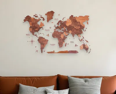Hivvago 24" X 39" Brown And Tan Wood World Map Hanging Dimensional Sculpture