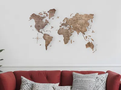 Hivvago 24" X 39" Brown Wood World Map Hanging Dimensional Sculpture