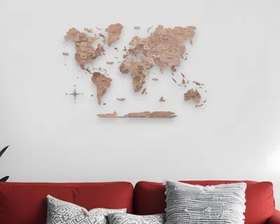 Hivvago 24" X 39" Wood Brown Wood World Map Hanging Dimensional Sculpture In Gold