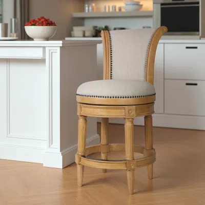 Hivvago 25" Beige And Natural Fabric And Solid Wood Counter Height Swivel Bar Chair In Brown