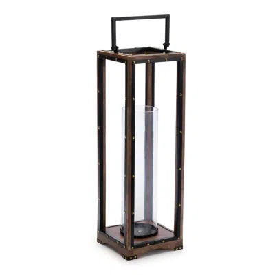 Hivvago 25" Black And Brown Metal And Solid Wood Tabletop Lantern Candle Holder