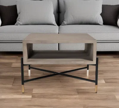 Hivvago 25" Gray And Black Concrete And Metal Square Coffee Table With Shelf In Brown