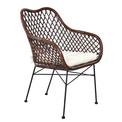 Hivvago 25 Inch Palapa Side Chair, Cushion, Rattan Cane, Iron Legs, White, Black In Brown