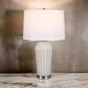 Hivvago 25 Inch Table Lamp, Rattan Woven, White Linen Shade, Brushed Silver Accents In White