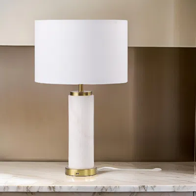 Hivvago 25 Inch Table Lamp, White Fabric Drum Shade, Modern Gold Metal Round Base