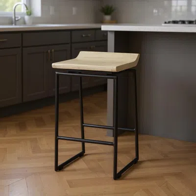 Hivvago 25" Natural And Black Solid Wood And Metal Low Back Counter Height Bar Chair