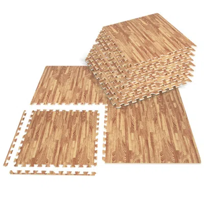 Hivvago 25 Tiles Wood Grain Foam Floor Mats With Borders- Natural In Brown