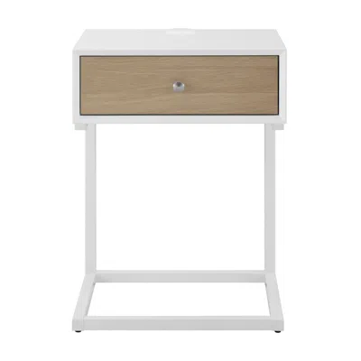 Hivvago 25" White Wood And Steel Frame End Table With Drawer And Usb Port In Brown