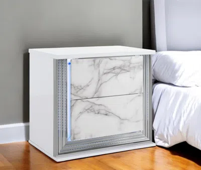Hivvago 25" White Wood Faux Marble Solid And Manufactured Wood Lighted Two Drawer Nightstand With Usb Port