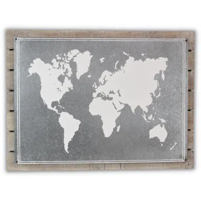 Hivvago 25" X 34" Brown And Gray Wood And Metal World Map Hanging Dimensional Sculpture